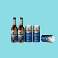 Refreshing Beer Bottles And Cans On Light Blue Background With One Can Tilted