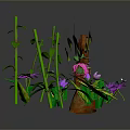 Small Plant Landscape With Green Grass Purple Flowers Brown Branches And Green Leaves