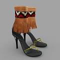 Black High Heels With Gold Chain Decorations And Brown Fringe Boots With Colorful Geometric Patterns