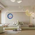 Kids Room Interior Design With Soft Bed Stuffed Toys Moon Decor And Cloud Pendant Lights