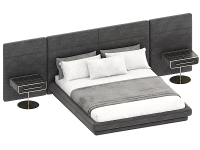 Background Double Bed With Gray Headboard White Pillows Gray Blanket And Nightstands 3d model