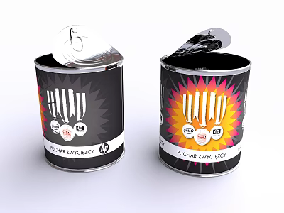Open Canned Food Cans With Black Background Colorful Graphics Victory Syndicate Text And Badge Icons 3d model