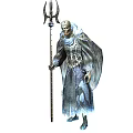 Game Movie Character In Blue Gray Robe With Flowing Edges Holding Upright Spear