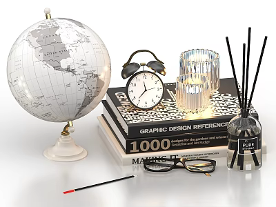 Decorative Ornament Collection Featuring Globe Alarm Clock Candle Holder Books Eyeglasses and Diffuser 3d model