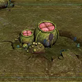 Cartoon Scene Featuring Large Green Plant Structures with Red Centers Small Mushrooms on Mossy Ground