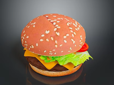 Delicious Hamburger with Sesame Seed Bun Fresh Lettuce Tomato and Cheese Patty 3d model