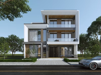 Modern Detached Villa Exterior With Glass Windows Balconies Green Trees And Front Driveway 3d model
