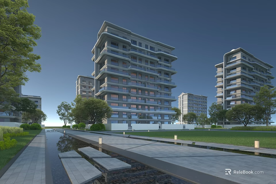 Modern Multi Storey Residential Building With Greenery Pond And Pathway 3d model 