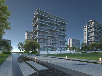 Modern Multi Storey Residential Building With Greenery Pond And Pathway 3d model