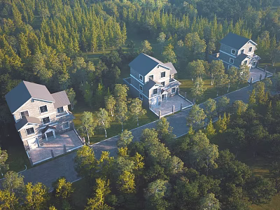 Modern Detached Villa Exterior Wall With Light Facade Dark Roofs Surrounded by Forest Trees 3d model