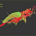 3D Rendered Red Shrimp Character With Long Antennae Legs On Dark Reflective Background