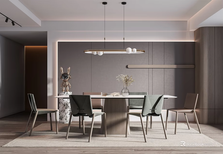 Modern Minimalist Restaurant Interior Featuring Dining Table Chairs Pendant Light And Decorative Items 3d model 