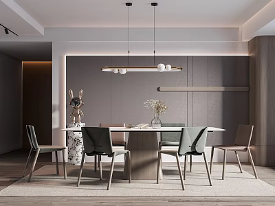 Modern Minimalist Restaurant Interior Featuring Dining Table Chairs Pendant Light And Decorative Items 3d model