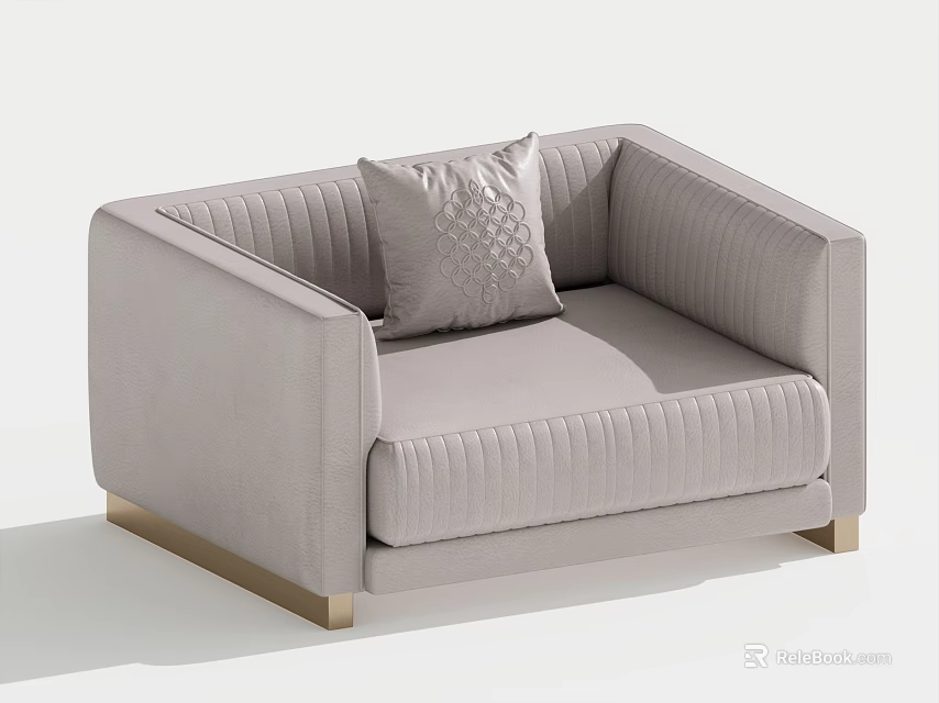 Light Gray Single Seater Sofa With Quilted Upholstery Pillow And Gold Metal Legs 3d model 