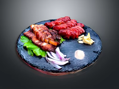 Assorted Grilled Meat Platter With Fresh Lettuce Onion Slices And Dipping Sauce On Slate Plate 3d model