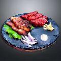 Assorted Grilled Meat Platter With Fresh Lettuce Onion Slices And Dipping Sauce On Slate Plate