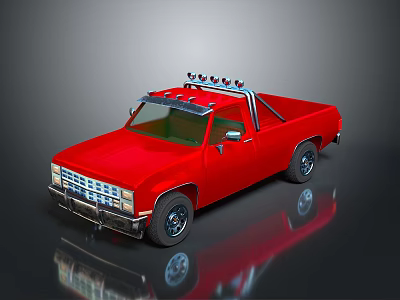 Red Classic Pickup Truck With Roof Light Bar And Shiny Exterior 3d model