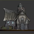Enchanted Stone Wooden Cottage With Tiled Roof Small Tower Gravestones And Vintage Wheel