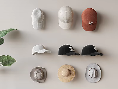 Various Stylish Hats in Neutral Hues Featuring Baseball Caps Wide Brim Designs and Green Leaves 3d model