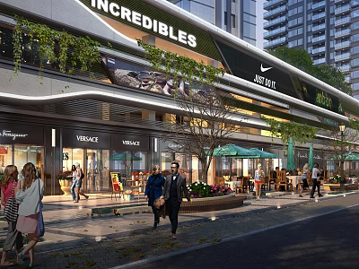 Vibrant Modern Commercial Street With Brand Stores Outdoor Seating Greenery And Pedestrians 3d model