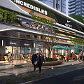 Vibrant Modern Commercial Street With Brand Stores Outdoor Seating Greenery And Pedestrians