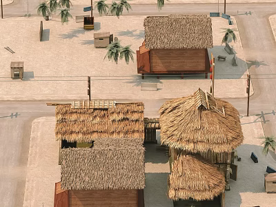 Exterior View Of Traditional Thatched Roof Houses With Palm Trees And Sandy Surroundings 3d model