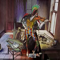 Colorful Clown Game Movie Character With Green Hair Playing Violin In Old Room