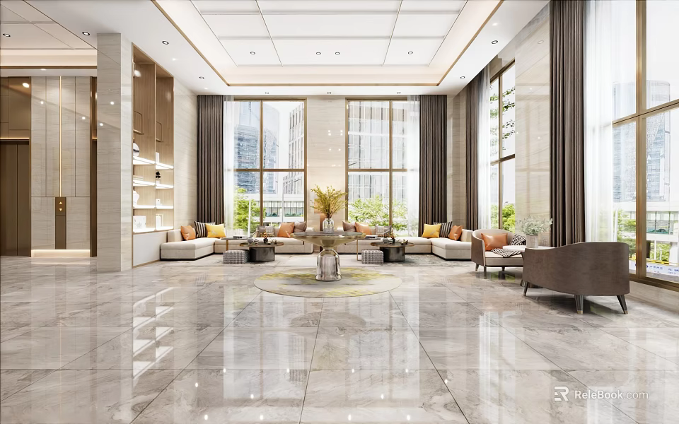 Spacious Hotel Lobby Interior Design With Marble Floor Large Windows Sofas And Green Plants 3d model 