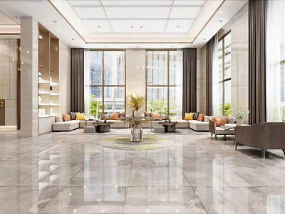 Spacious Hotel Lobby Interior Design With Marble Floor Large Windows Sofas And Green Plants 3d model
