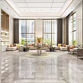 Spacious Hotel Lobby Interior Design With Marble Floor Large Windows Sofas And Green Plants