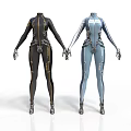 Futuristic Characters In Black And Blue Tech Fitted Suits With Metallic Details