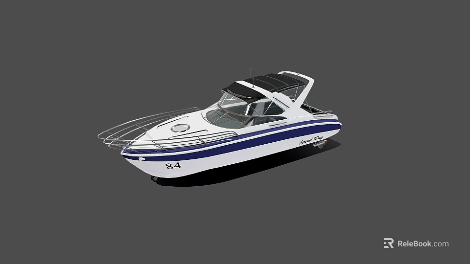 Luxury White And Blue Yacht With Modern Open Deck And Sunshade Design 3d model 