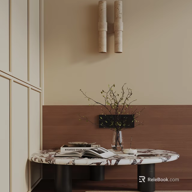 Modern Sofa And Coffee Table Set With Round Marble Top Books Vase Branches 3d model