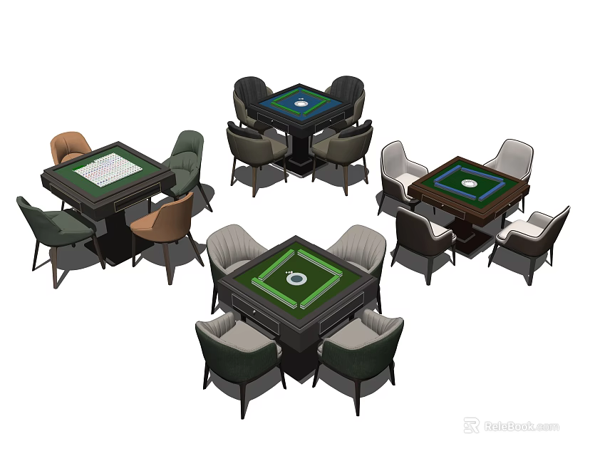 Multiple Modern Entertainment Tables With Green Tabletop And Matching Comfortable Chairs 3d model