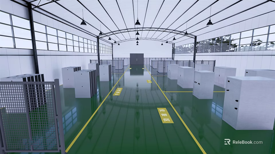 Industrial Workshop Interior With Green Floor Yellow Lines White Partitions Hanging Lights And Glass Windows 3d model 