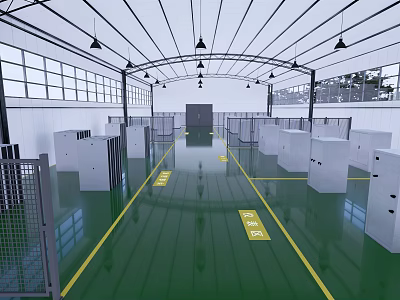 Industrial Workshop Interior With Green Floor Yellow Lines White Partitions Hanging Lights And Glass Windows 3d model