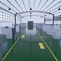 Industrial Workshop Interior With Green Floor Yellow Lines White Partitions Hanging Lights And Glass Windows