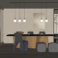 Modern Minimalist Dining Table Set With Gray Chairs Round Pendant Lights And Wall Art