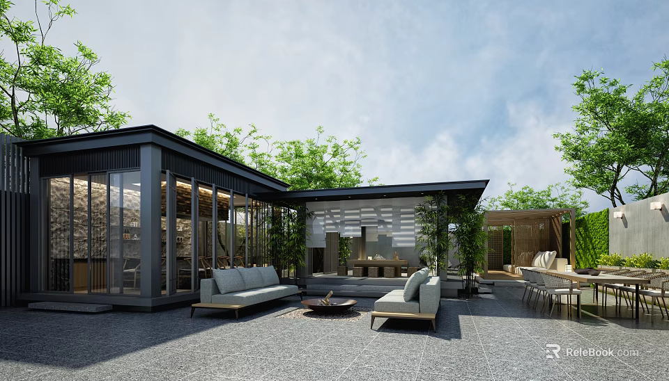Modern Garden Landscape With Glass Structure Green Plants Outdoor Sofa And Fire Pit 3d model 