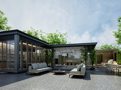 Modern Garden Landscape With Glass Structure Green Plants Outdoor Sofa And Fire Pit 3d model