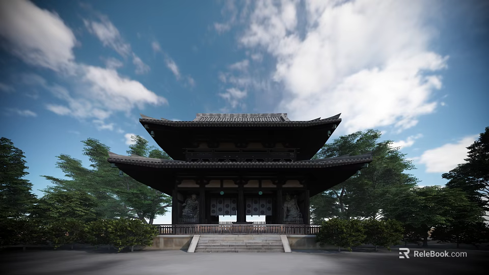 Ancient Traditional Architecture With Classic Pagoda Roof Stone Steps And Surrounding Trees 3d model 