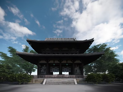 Ancient Traditional Architecture With Classic Pagoda Roof Stone Steps And Surrounding Trees 3d model