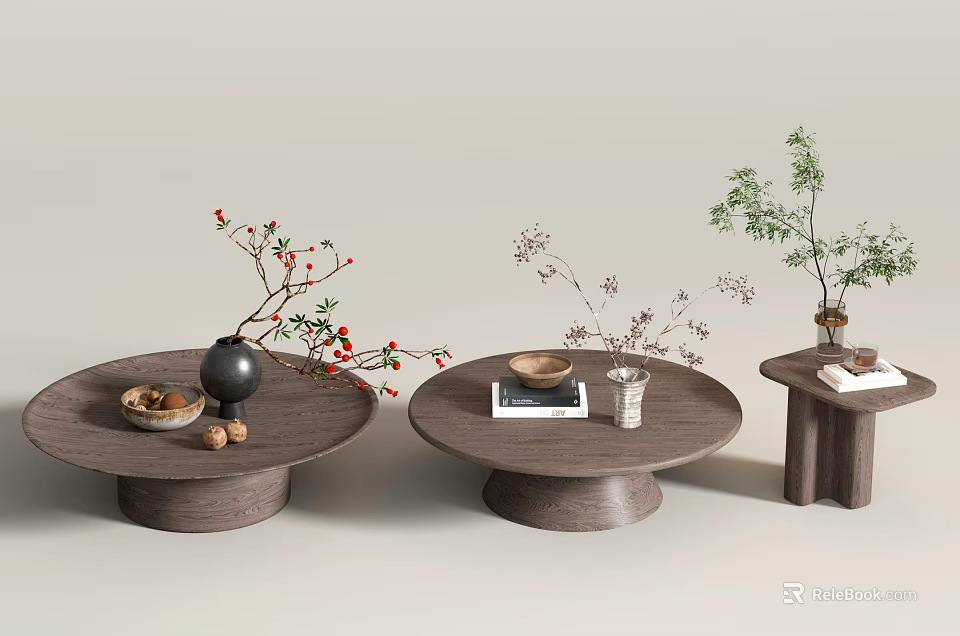 Wooden Round Side Tables with Decorative Vases Branches Books and Cups 3d model 