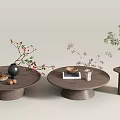 A few dried bonsai with several sides of the ancient tea table 3d model