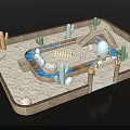 Fun Playground With Sand Area Blue Water Channel Slide Cactus Decorations And Entrance Arch