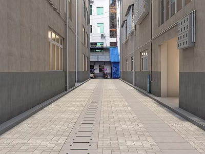 Road Infrastructure In Narrow Alley Gray Buildings Brick Paved Surface Central Drainage Blue Shed Vehicles 3d model