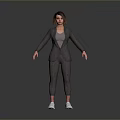 Business Woman In Gray Suit And White Sneakers Standing Against Gray Background