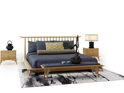 Modern Natural Wooden Double Bed With Gray Pillows Nightstands Table Lamp And Bench 3d model