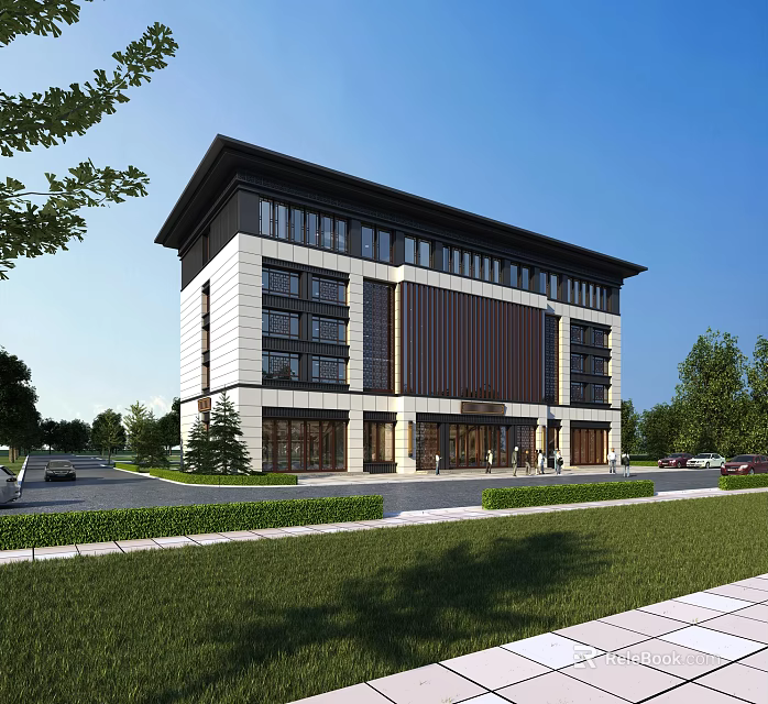 Modern Office Building Front View With White And Dark Exterior And Landscaped Surroundings 3d model 