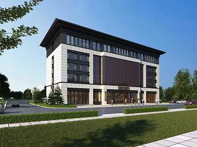 Modern Office Building Front View With White And Dark Exterior And Landscaped Surroundings 3d model